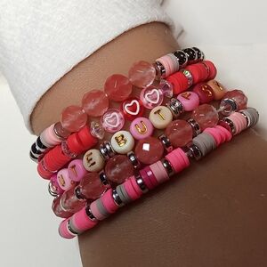 Chic Pink and Red Beaded Bracelet Set